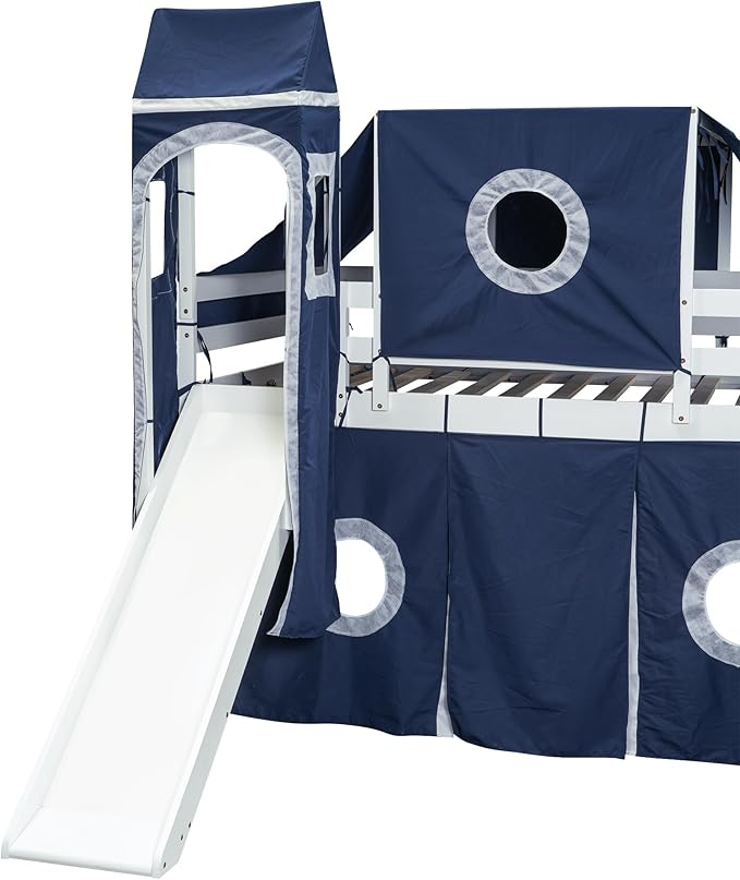 Playhouse Full Size Low Loft Bed with Slide & Tent and Tower, Solid Wood Tent Bed Frame with Storage Staircase for Kids Teens Boys Girls, Versatile Spacious Under Bed Space with Curtains (Blue-TXF)