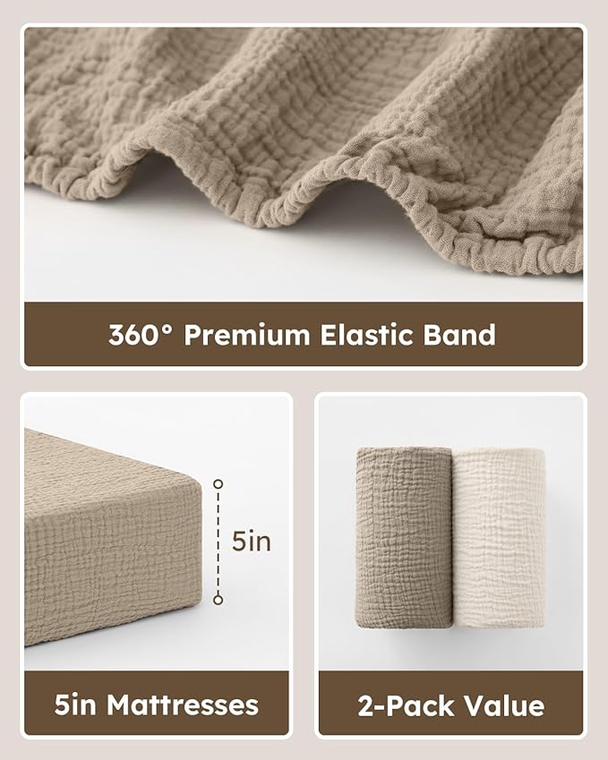 Muslin Pack and Play Sheets Fitted, 100% Cotton Mini Crib Sheets 2 Pack for Pack N Play Mattress, Stretchy Playard Sheet, Soft and Breathable Beige & Khaki