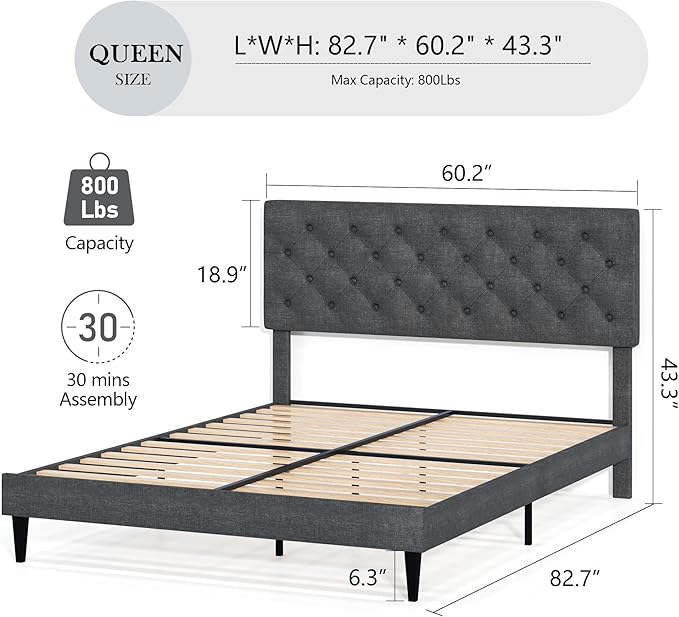 BarnFurin Queen Bed Frame, Upholstered Platform Bed with Button Tufted Headboard, Fabric Queen Size Beds with Wooden Slats Support, No Box Spring Required, Easy Assembly, Light Grey