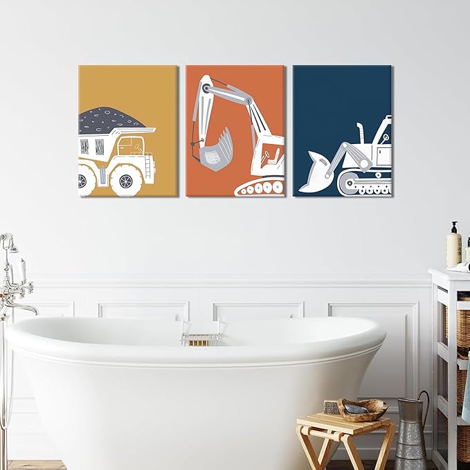 AKWISH Framed Nursery Construction Truck Wall Art Set of 3 – Cute Excavator Tractor Dump Truck Canvas Prints, Boys Bedroom and Baby Room Wall Decor, Playroom Vehicle Artwork – 12x16in