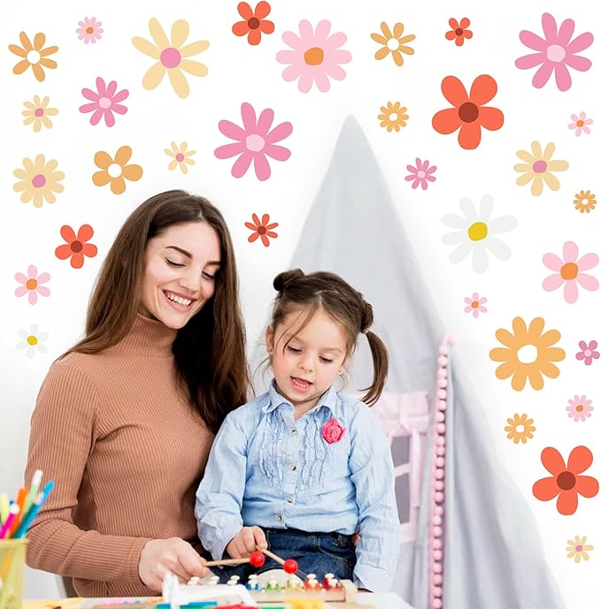 12 Sheets Daisy Wall Decals Boho Flower Wall Stickers Cute Kids Girls Room Decor Peel and Stick Floral Decals Toddler Nursery Playroom Living Room Bedroom Classroom Retro Hippie Decor Fresh Style