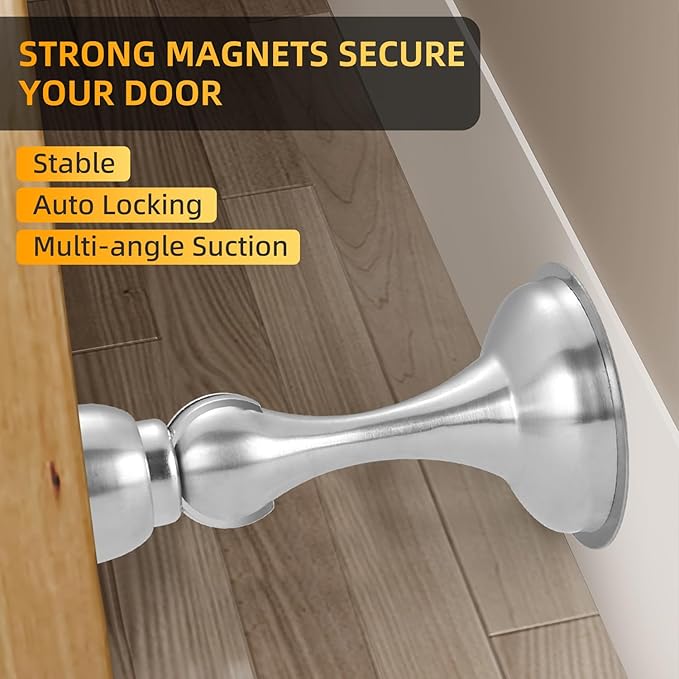 Magnetic Door Stop No Drilling Door Stop with 3D Adhesive Tapes Keep Door Open Door Stainless Steel Screws for Stronger Mount (Silver)