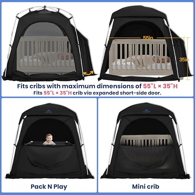 Baby Blackout Tent Fits Crib, Pack N Play, Toddler Travel Bed & Kids Cot, CPC Certified Sleep Pod with Fan Pocket 2 Mesh Doors, Breathable & Quiet Design, Easy Setup & Portable
