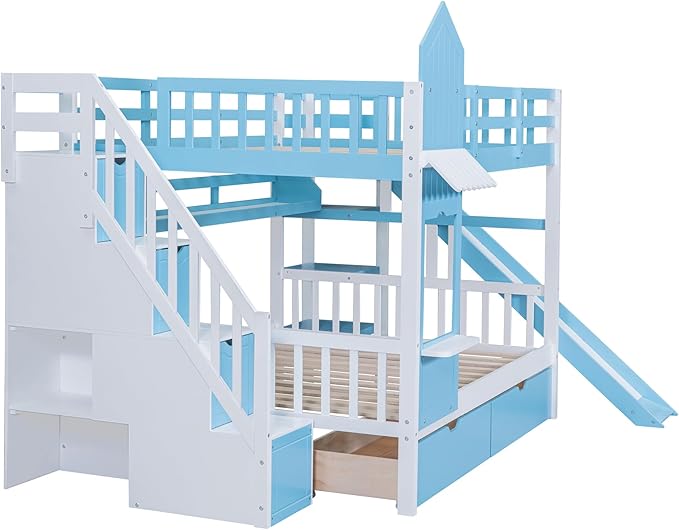 Full-Over-Full Castle Style Bunk Bed with 2 Drawers and 3 Shelves, Wood Bunk Bed Frame with Slide and Storage Staircase for Kids Teens Boys Girls Bedroom