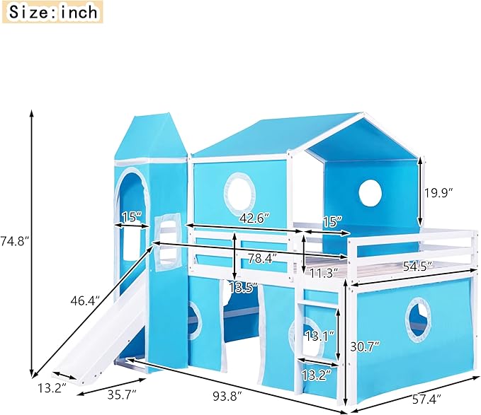Playhouse Design Full Size Low Loft Bed with Slide & Tent and Tower, Solid Wood Tent Bed Frame for Kids Boys Girls, Versatile Spacious Under Bed Space with Curtains (Blue-TE)