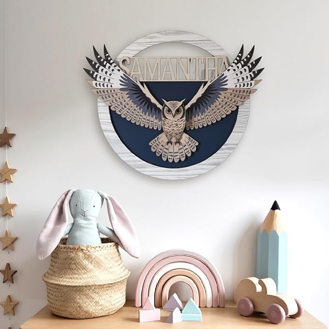 Personalized Nursery Sign, Animals Wooden Sign with Name, Hello World Newborn Sign, Owl Sign for Kid Room Decor, Baby Gifts for Boy, Custom Baby Name Sign, Baby Boy Wall Art Bedroom
