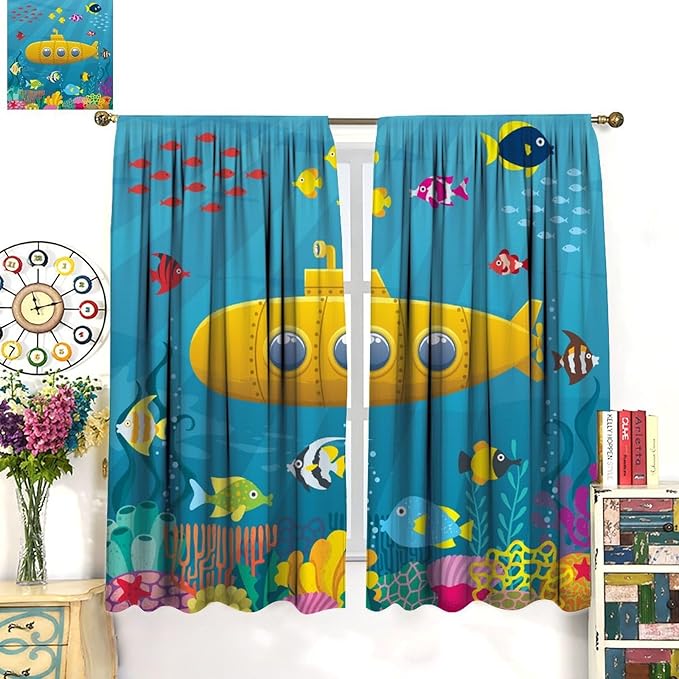Boy Window Curtains Submarine Window Drapes Yacht Window Treatments Underwater World Oasis Thermal Drapes for Kids Girls Toddler Teens Room Dorm Decor Set 2 Panels,63x63 Inches