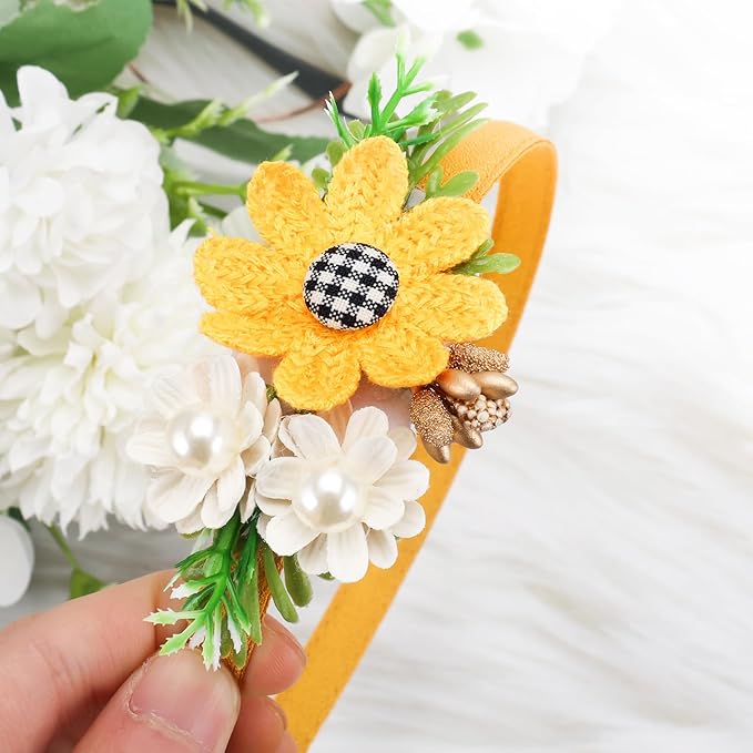 Flower Headbands for Girls Kids Toddlers Sunflower Floral Headpiece Non Slip Elegant Wedding Flower Crown Hairband Spring Summer Fashion Cloth Headdress Accessories for Birthday Party (Orange)