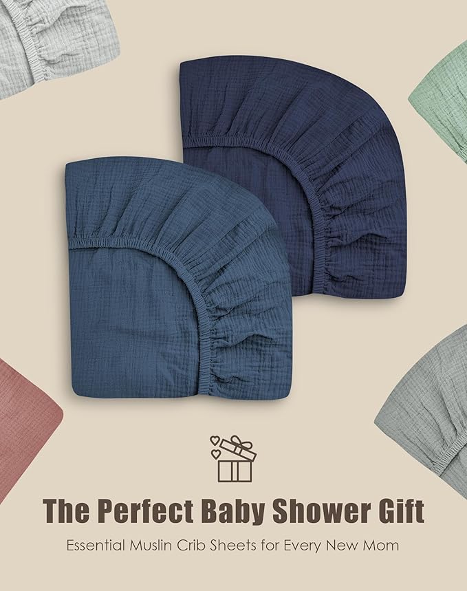 SWEET DOLPHIN 2-Pack Muslin Crib Sheets for Boys & Girls, Ultra Soft Breathable 40S Long-Staple Cotton Fitted Baby Sheets for Standard Crib Mattress 52"x28", Deep Navy- Nursery Essentials