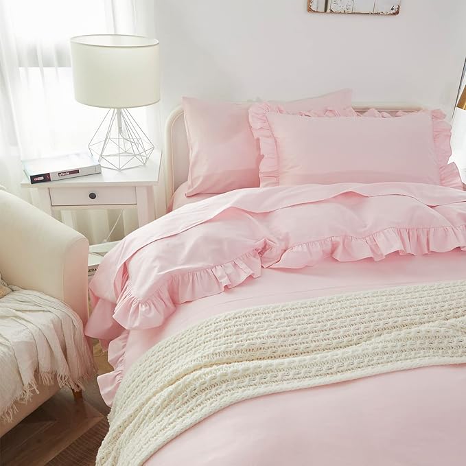 Brandream Kid's Duvet Cover Twin/Twin XL Size,100% Organic Cotton 2pcs Girl Bedding Duvet Cover Set, Ruffled Fringe Solid Color Breathable Soft with Zipper Closure & Corner Ties(Pink)