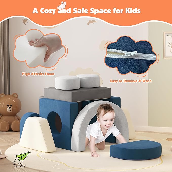 12 PCS Modular Kids Play Block Couch Child Sectional Soft Sofa Toddler Building Fortplay Climbing Bedroom Playroom Baby Convertible Floor Foam Cushion for Boys & Girls (Grey+Beige+Blue)