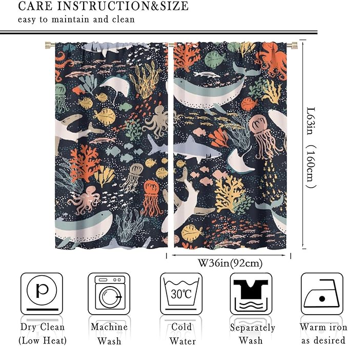 Sea Animals Curtain Cartoon Fish，Undersea Cute Whales Dolphin Underwater Wild Life Blue Ocean Boys Girls Waterproof Polyester Fabric Bedroom Decoration Set 2 Panels,72x63 Inches