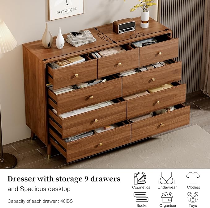 9 Drawers Dresser for Bedroom,35.4" Tall Wood Rustic Modern Chest of Drawers with Natural Texture,with Anti-Tipping Device, Storage Dressers Organizer for Bedroom, Living Room,Chestnut