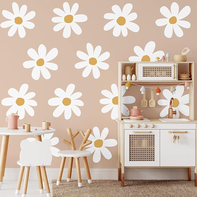 TaoBary 12 Sheets Daisy Wall Decal Flower Wall Sticker Cute Daisy Sticker Pink White Flower Decal Peel and Stick Floral Wallpaper for Nursery Bedroom Home Decor(White, Yellow,Vintage Style)