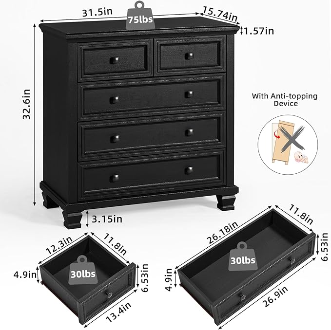 Farmhouse 5 Drawer Dresser for Bedroom, 32.6 Inch Tall Vintage Wood Chest of Drawers, Rustic Small Dressers w/Square Solid Wooden Legs, Mid-Century Storage Organizer for Living Room, Black