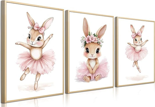 Kusag Baby Girl Nursery Posters Wall Decor, Easter Nursery Canvas Wall Art Paintings Set of 3, Cute Animal Pink Bunny Prints Pictures for Boys and Girls Room, Bedroom, Home Decor 12x16 In Unframed