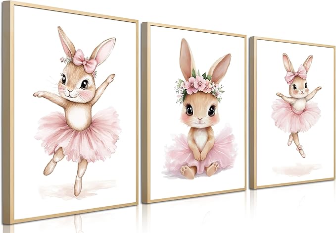 Kusag Baby Girl Nursery Posters Wall Decor, Easter Nursery Canvas Wall Art Paintings Set of 3, Cute Animal Pink Bunny Prints Pictures for Boys and Girls Room, Bedroom, Home Decor 16x24 In Unframed