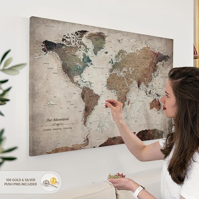 ElephantStock - Our Adventures World Map With Push Pin Iii Wall Art - Horizontal Canvas Wall Art - Living Room Wall Decor - Printmaking Map Canvas Art - Beige And Brown Decor - 39" x 26"