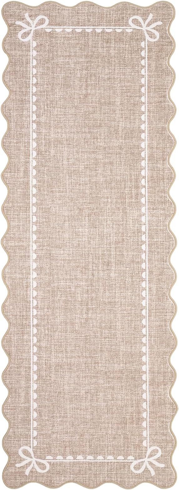 GarveeHome Scalloped Bow Rug for Living Room, Solid Camel Rug for Dorm, Washable Runner Rug 2.5x10 Soft Low Pile Non Slip Scalloped Rugs for Nursery Bedroom Decor Hallway Entryway Playroom