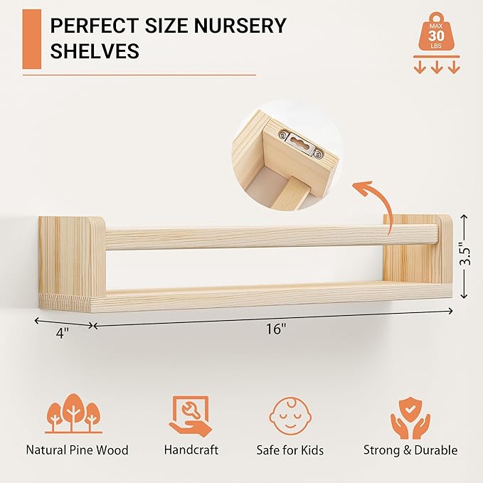 Heimlove Nursery Floating Shelves, Solid Wood Nursery Book Shelves for Wall, 16 inch Bookshelf for Kids, Mounted Shelves for Books,Toys and Decor Storage, Set of 2