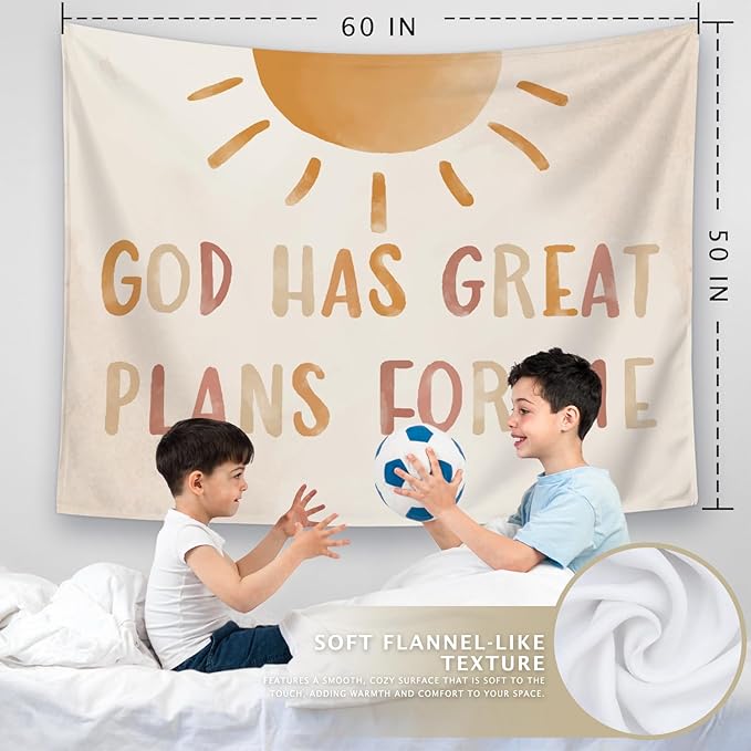 LIANGW Boho Neutral Baby Nursery Christian Wall Tapestry – God Has Great Plans for Me Bible Verse Decor, Inspirational Toddler Room Tapestry for Boys,Teens Room Decoration Room Bedroom 50x60 inches