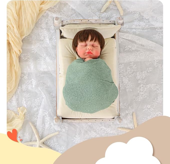 Kate Newborn Photography Props Retro Wooden Bed Posing Props Photoshoot Vintage Doll Bed with Mattress Pillow Bed Mat and Green Stretch Wrap for Baby Photography