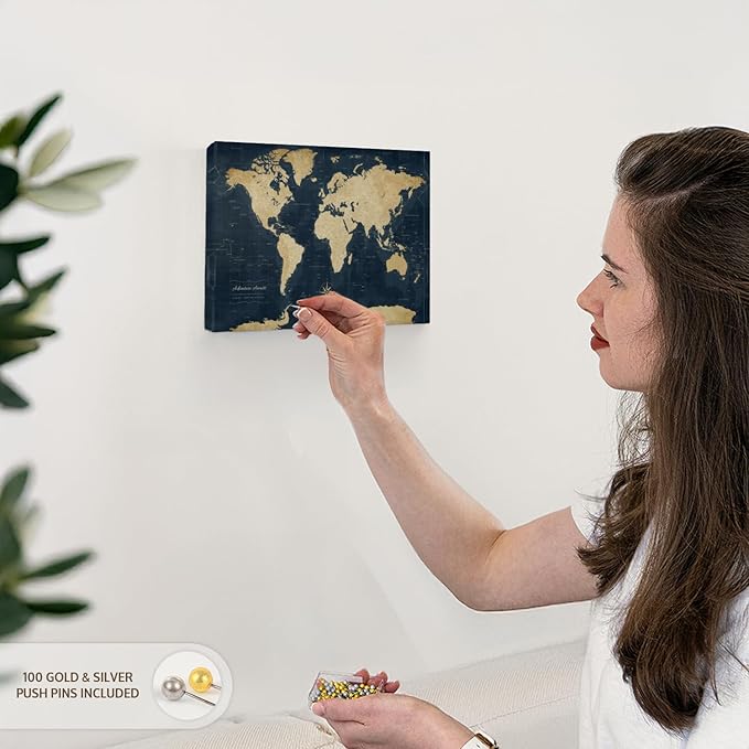 ElephantStock - Adventure Awaits World Map With Push Pins Wall Art - Horizontal Canvas Wall Art - Living Room Wall Decor - Digital Art Map Canvas Art - Gold And Blue Decor - 12" x 8"