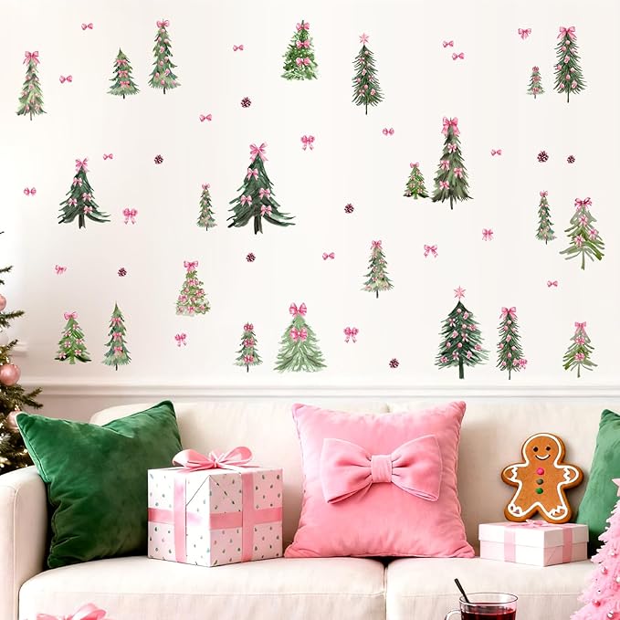 Christmas Tree Window Decals Small Pine Trees Wall Stickers Pink Bow Trees Windows Decals Watercolor Winter Green Tree Wall Stickers Removable Xmas Holiday Windows Decoration for Party Supplies