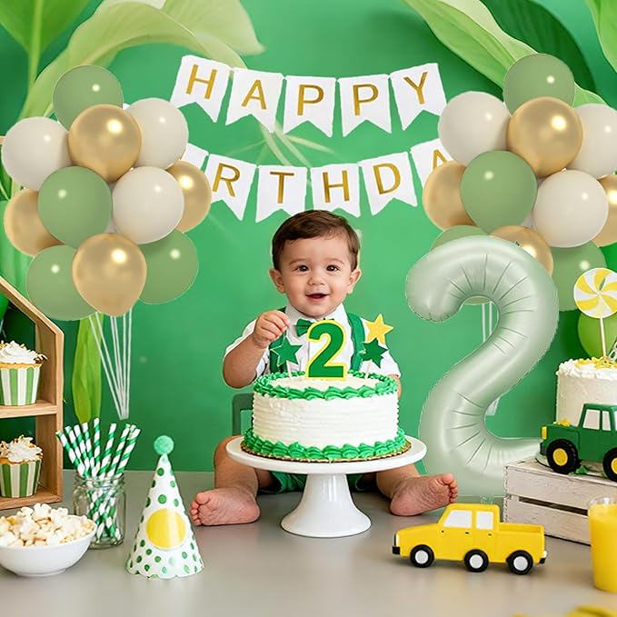 Sage 2nd Birthday Decorations For Boy -12 Inch Sage Balloons, 40 Inch Sage 2 Balloon, Happy Birthday Banner for Two Year Old BD Party Decorations
