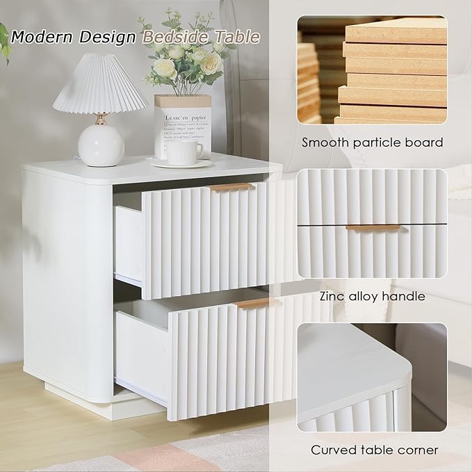 Fluted Nightstand with Charging Station, 23" Night Stands with 2 Drawers, Wood End Table with Storage, White Bedside Cabinet for Bedroom