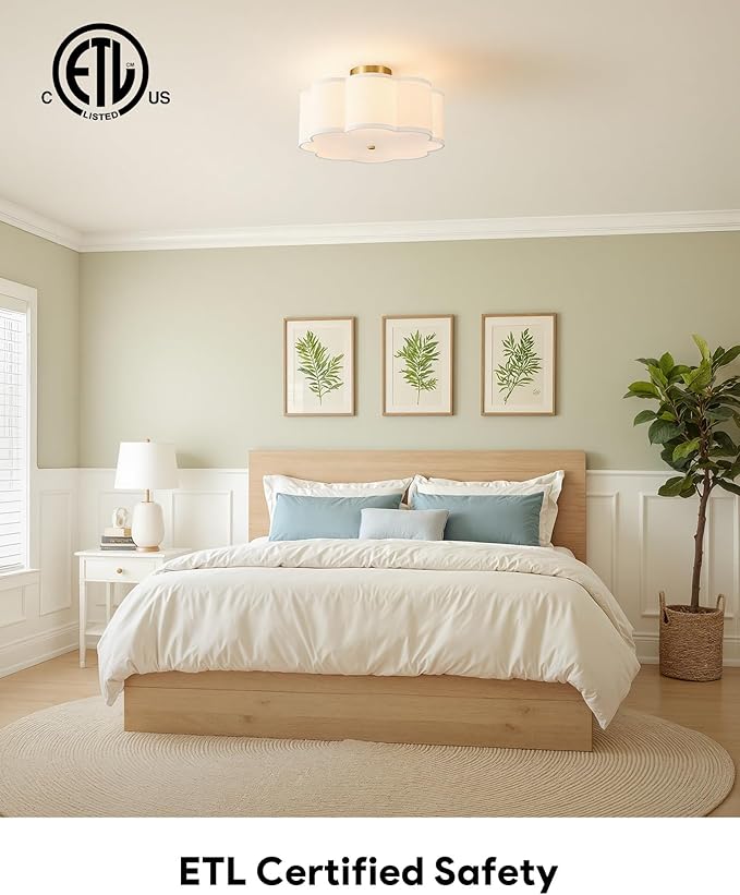 VONLUCE Semi-Flush Mount Ceiling Light, 15.7" Modern 3-Light Ceiling Light Fixture with White Petal-Shaped Shade 3 E26 Sockets for Bedroom Entryway Living Room, Gold Finish, ETL Certificated