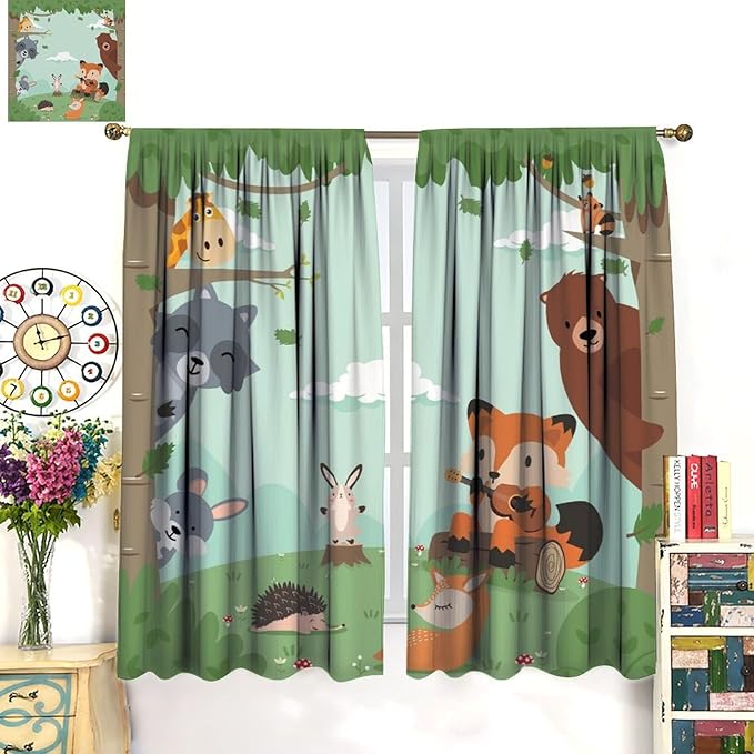 Forest Animals Curtains Colorful Forest Cartoon Cute Fox Bear Giraffe for Kids Boys Girls Nursery Bedroom Living Room Blackout Rod Pocket Decoration Window Drapes 2 Panels W31.5xL63in