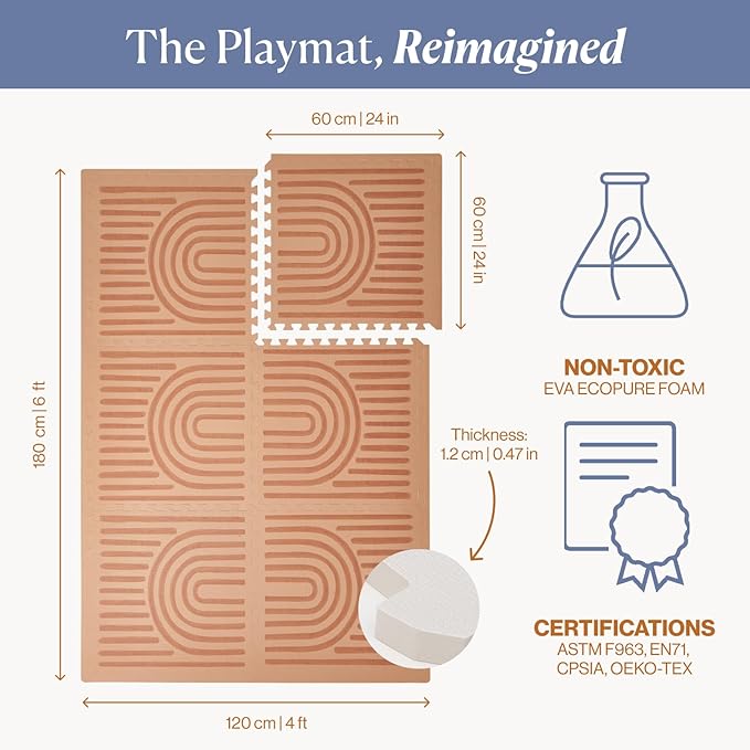 Toddlekind Playmat - Premium Foam Playmat, 4 x 6 feet, 6 Tile Extra Thick Foam Floor Puzzle Mat for Babies/Toddlers Stylish, Non-Toxic, Odorless. Perfect for Tummy Time & Play. 0m+ (Rustic Tan)
