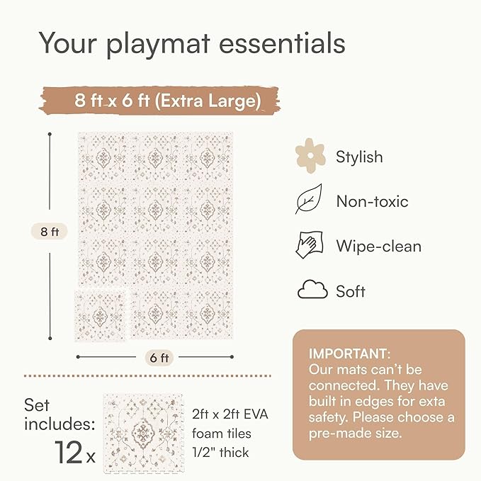 Lillefolk Baby Play Mat for Floor – 6x8ft Vintage Coffee | Soft Non Toxic Premium EVA Foam Tiles for Tummy Time, Crawling & Playroom – Waterproof Floor Mat for Babies & Toddlers (12 Tiles)
