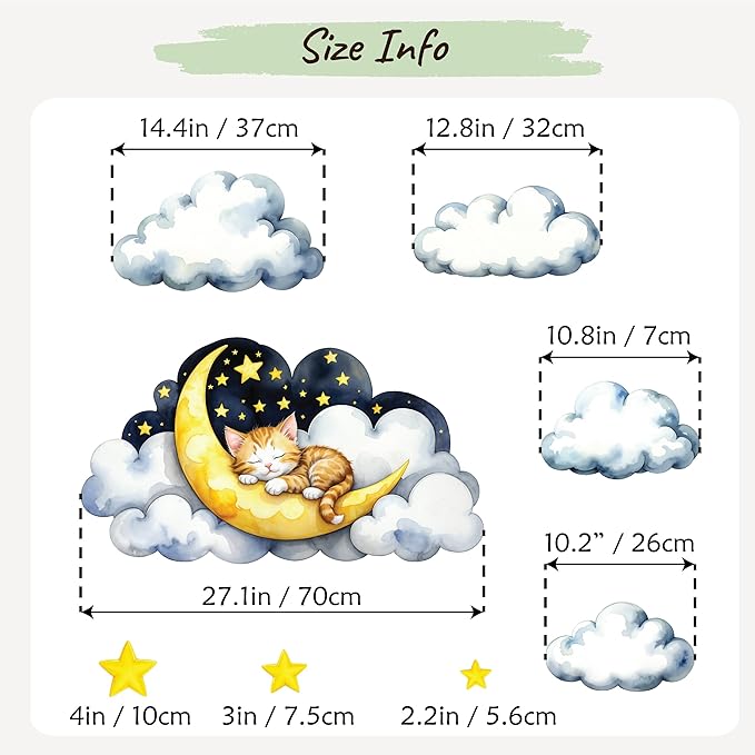 Boho Nursery Wall Decals - Dreamy Watercolor Kitten Sleeping on Cloud | Multi-Piece Set with Clouds, Moon & Stars | Removable Fabric Wall Art for Kids Room