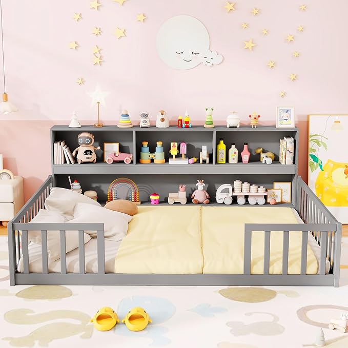 KOMFOTT Full Floor Bed with Bookcase & Shelves, Wood Bed Frame with Bedside Bookshelves & Guardrails, Versatile 2-in-1 Montessori Floor Bed for Kids (Grey)