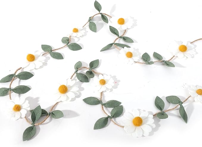 Wool Felt Daisy Chain Banner Garland - Daisy 1st Birthday Decorations,Daisy Themed Party Decorations,Nursery Wedding Decoration,White Wool Felt Daisy Green Leaf Garland