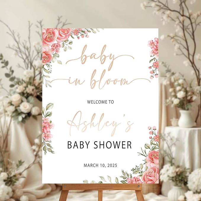 Personalized Pink Roses Baby in Bloom Welcome Sign - Elegant Floral Baby Shower Announcement Sign - Girl Entrance Decor