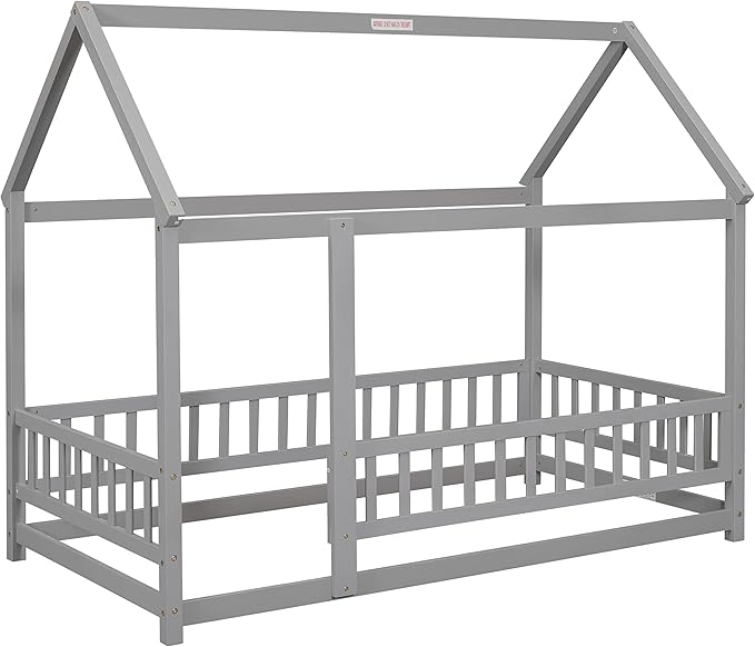 Bellemave Twin Size House Floor Bed Frame,Wooden Montessori Floor Bed with Fence for Kids,Twin Size Kids Bed,Gray