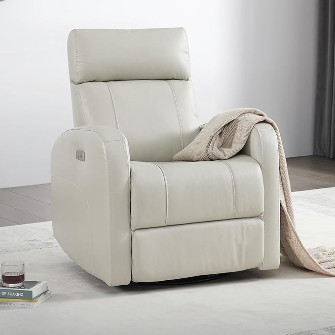 CHITA Genuine Leather Power Swivel Glider Recliner Chair for Adults, FSC Certified Electric Nursery Rocker Recliner Chair for Living Room, Light Grey