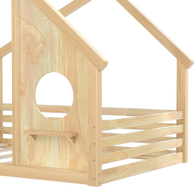 Polibi Full Size Floor Bed with House-Shaped Roof,Window and a Small Shelf, Solid Wood Low Profile Floor Bed for Kids, No Box Spring, Natural