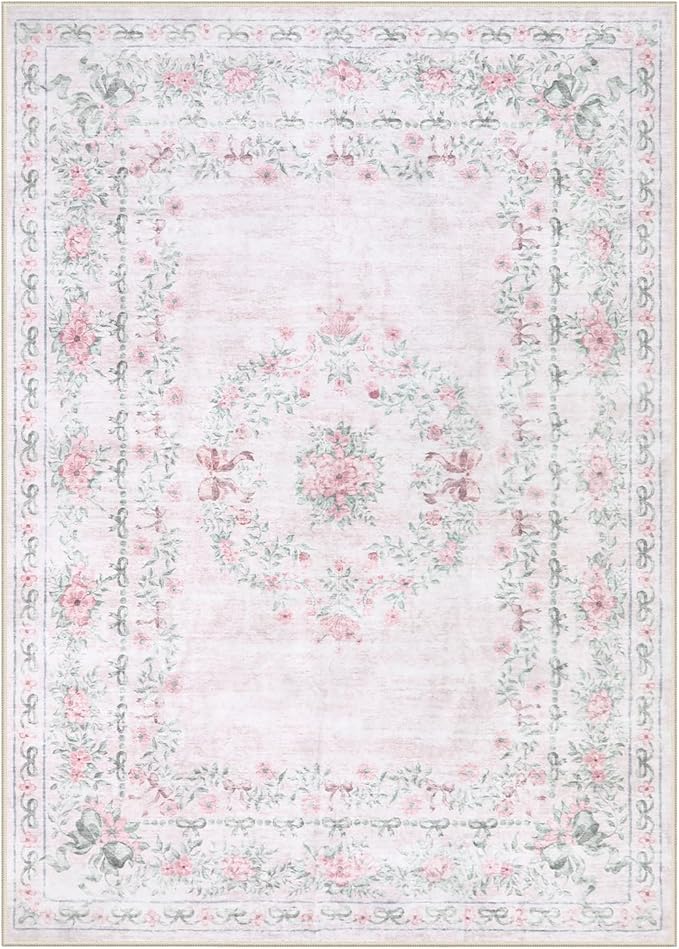Wonnitar Floral Bow Rug for Girls Bedroom, Pink Area Rug 6x9 for Room Decor, Washable Ultra-Thin Non Slip Soft Boho Aesthetic Carpet for Baby Nursery Kids Room Living Room, Light Pink