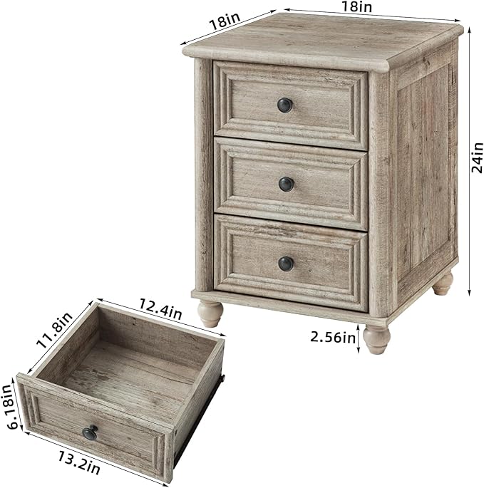 18" Farmhouse Night Stand, Wood Nightstand with 3 Drawers, Grey Bedside End Table with Storage and Roman Column, Bed Side Tables Cabinet for Bedroom, Living Room, and Closet