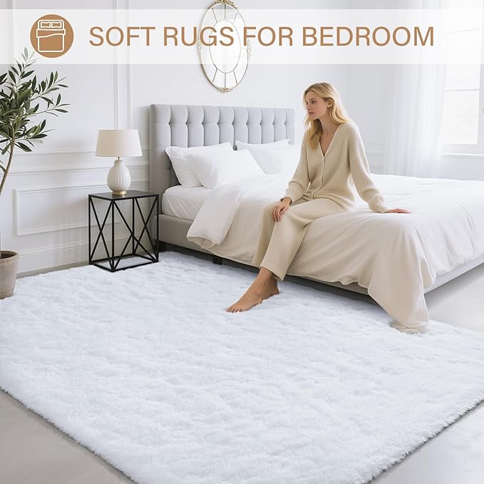 BENRON Fluffy Rugs for Living Room 5x8 White, Washable Large Area Rugs for Bedroom Dining Table Office Kids Nursery Room, Washable Indoor Floor Carpets
