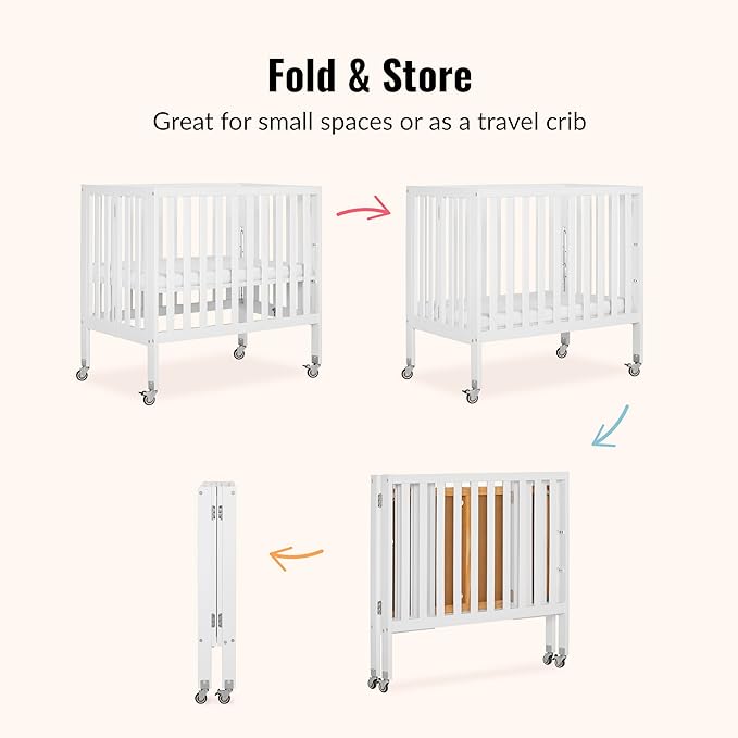 Dream On Me Jett Mini Folding Baby Crib in White, GreenGuard Gold & JPMA, Lightweight & Portable, Patented Flat Folding System for Small Spaces & Travel, 1.5” Mattress Pad, 3 Heights, Safe Wheels