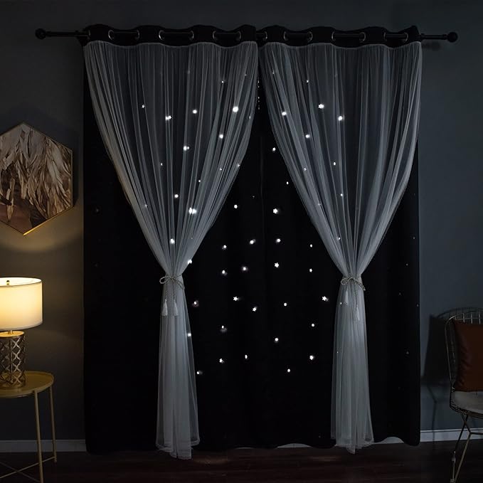 Kinryb Kids Blackout Curtains for Bedroom/Living Room/Classroom, Sheer Overlay Extra Long 2 Panel Set, Double Layer Curtains with Star Cutout for Kids Room(W 52 x L 108 Inches,Black 2 Pcs)