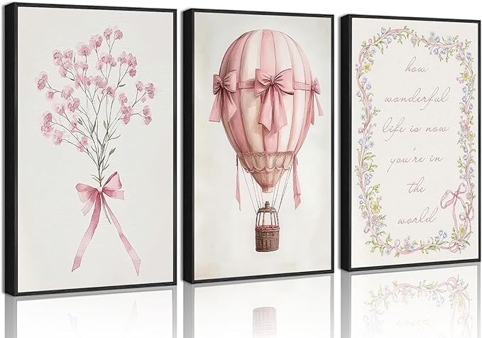 3Pcs Pink Nursery Wall Art Pictures Cute Baby Girls Room Posters Print Neutral Pink Bow Bouquet Hot Air Balloon Pastel Painting Wall Decor for Kids Room Little Girl Bedroom 12x16in Unframed