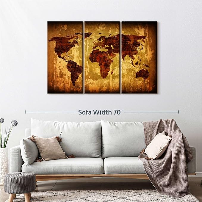 ElephantStock Vintage World Map Wall Art Multi Piece Canvas - 3 Piece Canvas World Map Wall Decor - Wall Decor - Ready-to-Hang Print - Vintage Wall Art - 50" X 32"