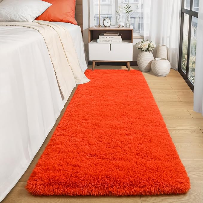 Merelax Soft Fluffy Rugs for Bedroom Living Room, 2x6 Hallway Runner Rugs, Furry Shag Bedside Area Rug Indoor Accent Floor Carpet, Plush Fuzzy Rug for Dorm Nursery Kids Room Decor, Orange Red