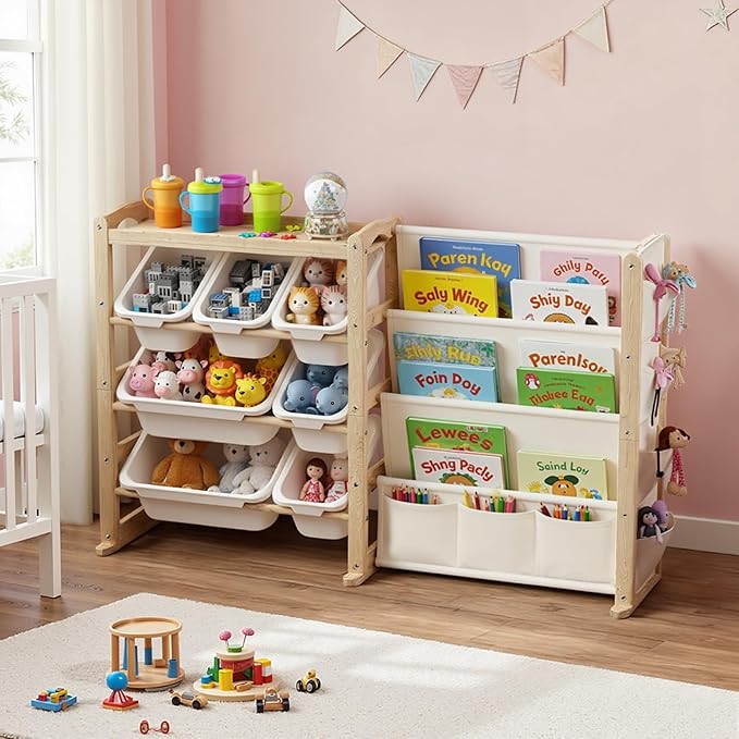 Fodoss Book Shelf for Kids Rooms - Kids Bookshelf with 7 Bins, Baby Bookcase with Solid Wood, Side Storage Pockets, Playroom Room, Large Toy Storage for Nursery, Natural Pine